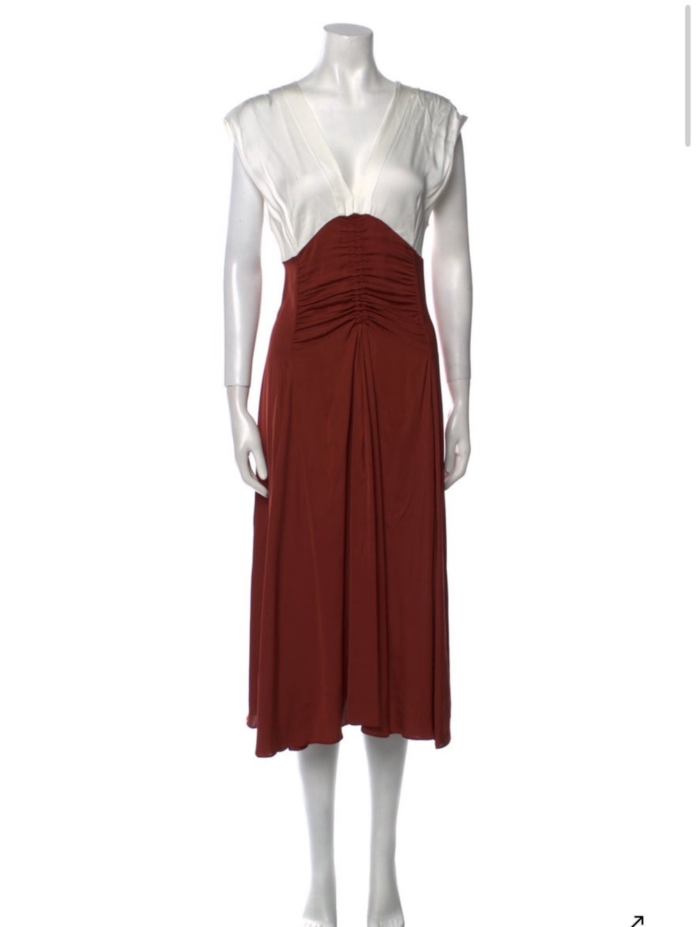 Sandro White and Rust Brown V-Neck Ruched Midi Dress